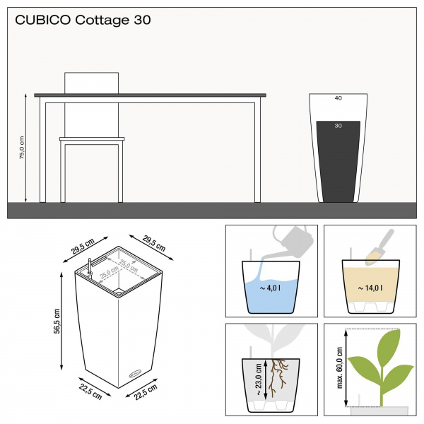 Кашпо Lechuza Cubico Cottage 30 Графитовый Черный