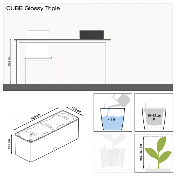 Кашпо Lechuza Cube Glossy Triple 40 Белый