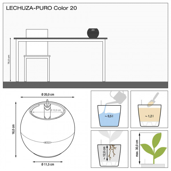 Кашпо Lechuza Puro Color 20 Графитовый Черный