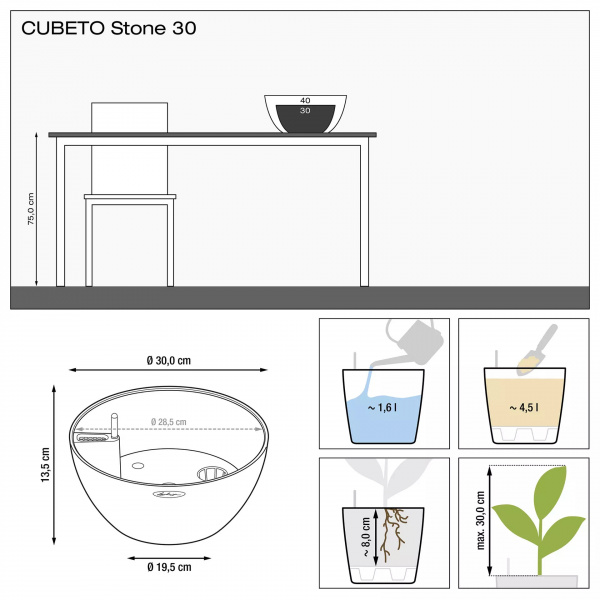 Кашпо Lechuza Cubeto Stone 30 Серый Камень